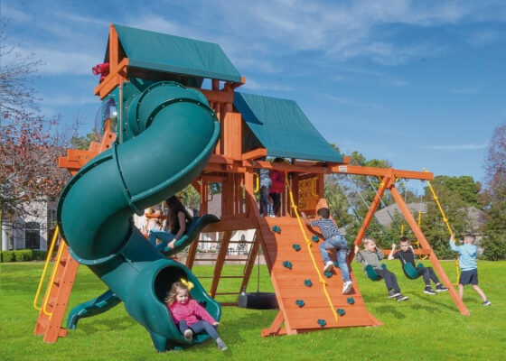 Parrot Island Playcenter w/ Green Tarp, 4x6 Monkey Bars, Loft, Wave Slide and Spiral Slide