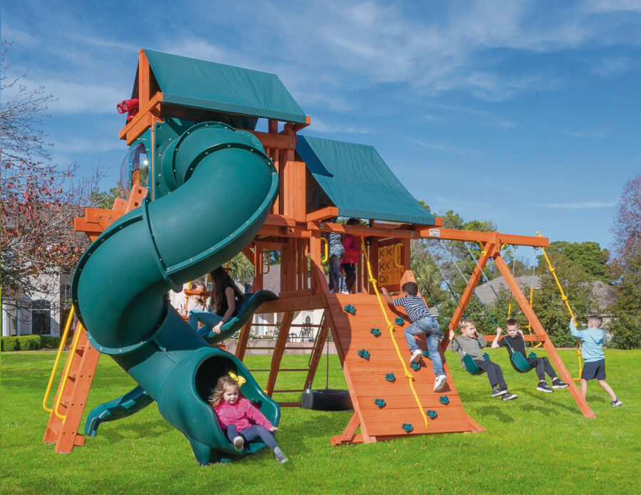 Parrot Island Playcenter w/ Green Tarp, 4x6 Monkey Bars, Loft, Wave Slide and Spiral Slide